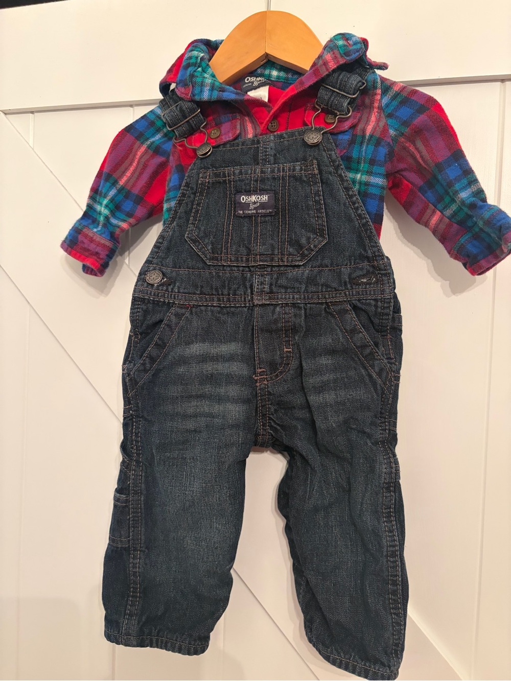 OshKosh B'gosh Indigo Denim Overalls with Red & Teal Plaid Hood